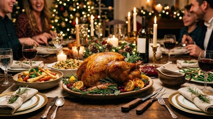 Whole roasted turkey garnished with herbs on festive dinner table, warm candlelight and bokeh background, holiday feast, appetizing seasonal food styling, realistic detail, no logos