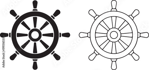 Classic ship steering wheel vector icons representing maritime navigation and ocean adventure journeys