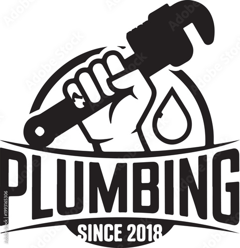 Classic plumbing service logo featuring a hand holding a wrench and a water droplet design