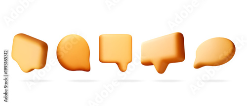 Set of 3d chat bubbles in yellow color. Different shapes of speech balloons for communication and notification. Digital element for web interface, messaging and social media. Vector illustration