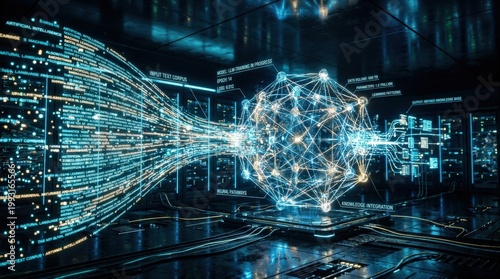 Large language model learning from text, artificial intelligence training concept, glowing data flow, digital knowledge processing, futuristic technology scene, realistic light effects, no logos