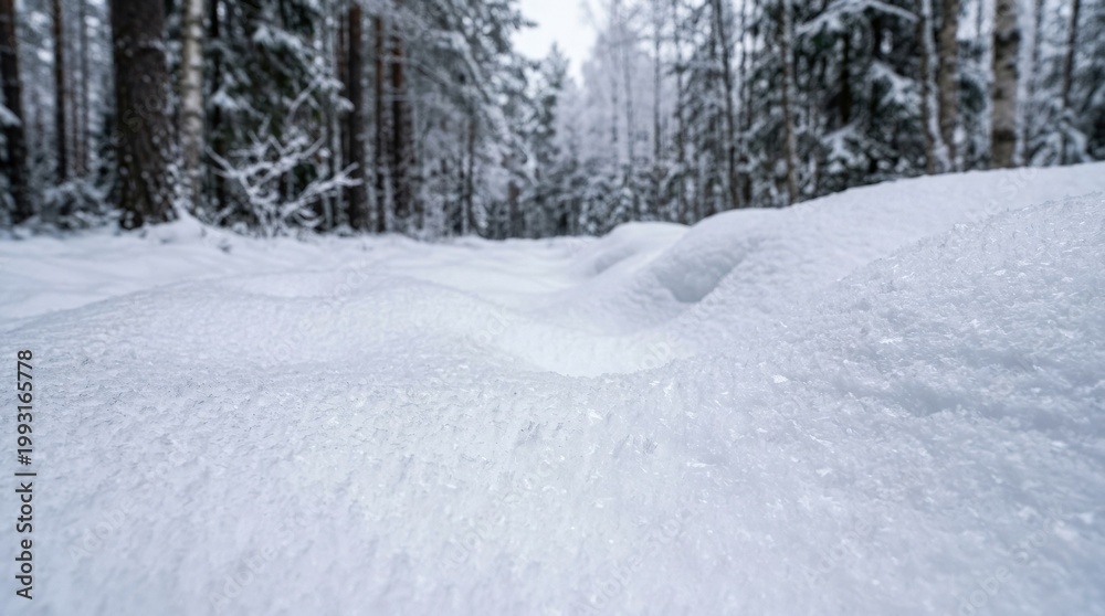 Fototapeta premium Freshly fallen snow ground in close-up, soft snowdrifts, delicate crystalline texture and smooth white contours, quiet winter stillness under cool diffused light, ultra-realistic, no logos.