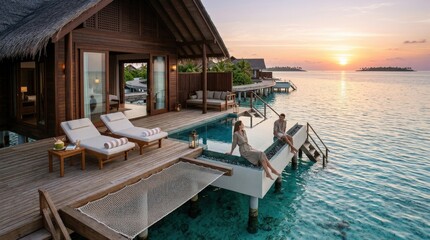Luxury overwater bungalow with infinity pool and ocean view, tropical resort travel concept with premium vacation setting and serene horizon, realistic detail, no logos