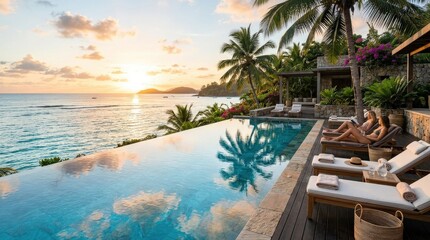Luxury infinity pool with ocean view and loungers, premium resort relaxation scene, tropical hospitality concept, serene water reflections, elegant outdoor design, golden light, no logos