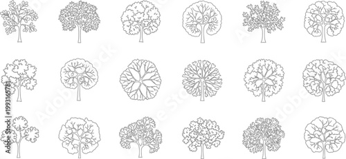 Collection of eighteen minimalist vector line art tree icons featuring various canopy shapes and branch structures for architectural landscape design and digital graphics