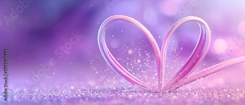 Purple heart-shaped ribbon rests on glittering surface