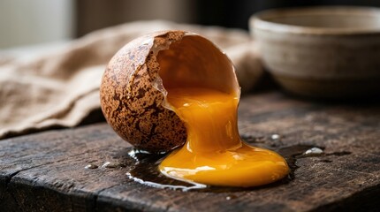 Rich yellow yolk spilling from a cracked patterned egg, dramatic close-up food concept with vivid color contrast and smooth liquid texture, soft light, realistic detail, no logos