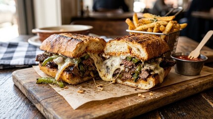 Close up of a savory cheesesteak sandwich with melted cheese, hearty comfort food with rich filling and toasted bread, appetizing presentation, warm natural light, realistic detail, no logos