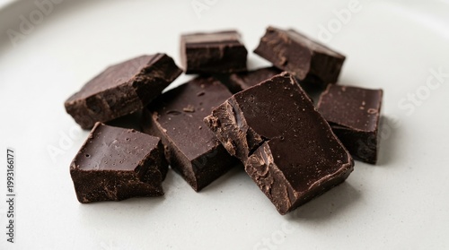 Hand-cut chocolate bar pieces isolated on a clean background, rich cocoa texture, crisp broken edges and matte sheen, indulgent artisanal feel with soft studio lighting, ultra-realistic, no logos.