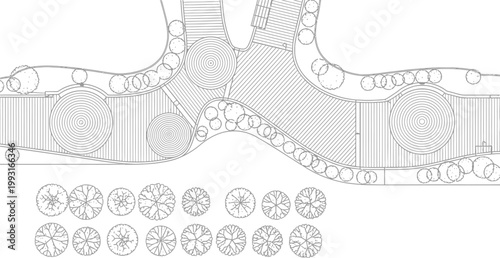 Professional Landscape Architecture Site Plan Featuring Organic Curved Pathways Circular Planting Beds And Detailed Tree Symbols For Urban Design Projects