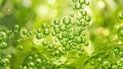 Green bubbles macro in liquid, transparent spheres and abstract fluid texture, fresh luminous background, no logos