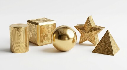 Gold geometric shapes including square triangle star sphere and cylinder on a white background, luxury abstract design set with elegant art deco feel and polished finish, no logos