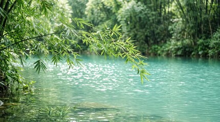 Bamboo leaves over tranquil water with sparkling reflections, serene zen nature background, soothing turquoise tones, calm spa atmosphere, soft light, realistic detail, no logos