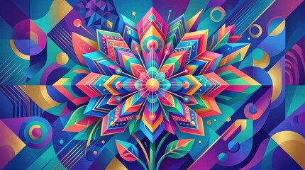 Abstract geometric flower in vibrant colors, modern decorative design, bold petals and shapes, creative background, high detail, no logos