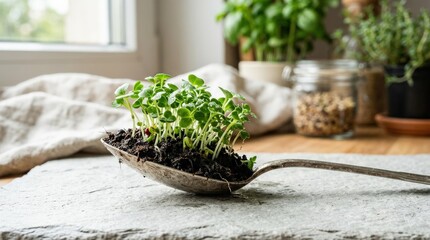 Fresh green sprouts growing in silver spoon, wellness and microgreens concept with fresh organic texture and bright minimal presentation, realistic detail, no logos