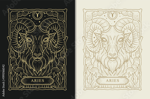 Aries zodiac ram engraving line art gold esoteric illustration