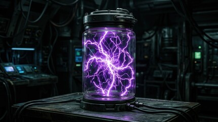 Glass jar containing glowing purple lightning energy, science fiction power concept, dark background, luminous electric effect, realistic detail, no logos