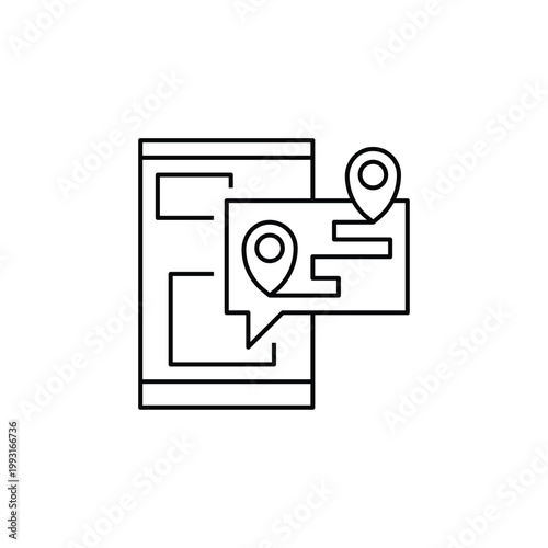 Mobile map navigation line icon with location pins and route planning for smart travel apps and digital direction finding services