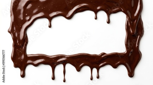 A melted chocolate border isolated on a clean background, rich flowing cocoa, glossy drips and smooth organic edges, indulgent dessert mood in crisp studio light, ultra-realistic, no logos.