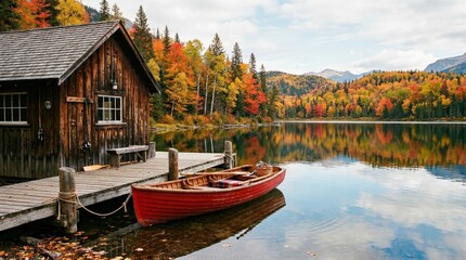 Boathouse and red boat at a lake in autumn, peaceful seasonal landscape with calm water, warm foliage, and rustic lakeside charm, natural light, realistic detail, no logos