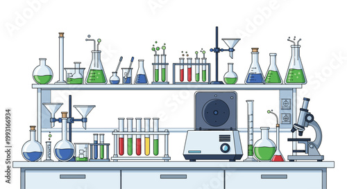 Meticulous illustration of a modern science laboratory bench filled with colorful chemical solutions in glass flasks, a microscope, and a centrifuge.