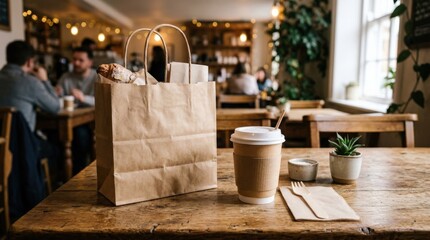 Takeaway paper bag and disposable coffee cup on a rustic wooden table in a cafe, grab-and-go breakfast concept, cozy bokeh atmosphere, realistic food and lifestyle photography, no logos