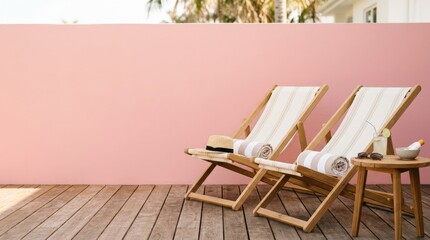 Two modern deck chairs on pink background, minimalist summer concept with stylish vacation mood and open copy space, realistic detail, no logos