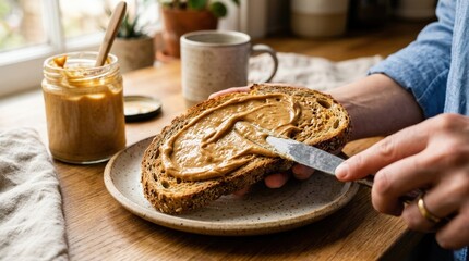 Knife spreading creamy peanut butter on toast, breakfast preparation concept, rich texture, close-up food action, warm natural light, realistic detail, no logos
