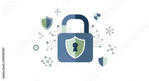 Secure digital padlock icon is surrounded by protective green shields and complex circuit board patterns in a clean flat vector illustration style.