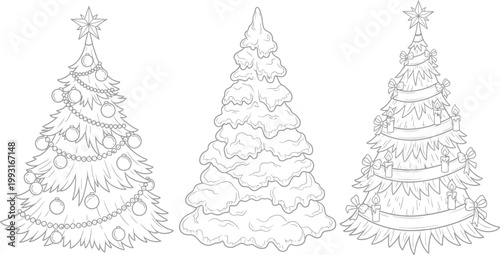 Set of three hand drawn Christmas tree vector illustrations featuring a decorated tree, a snowy pine, and a candlelit fir for coloring book
