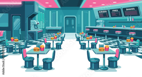 Detailed pixel art depiction of a retro-futuristic diner interior featuring teal booths and pink neon accents with a classic black and white checkered floor.