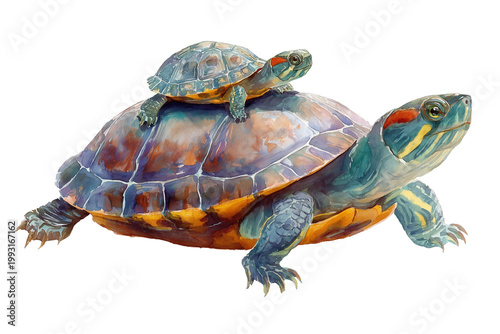 watercolor  Turtle mom and baby turtle isolated on white background png