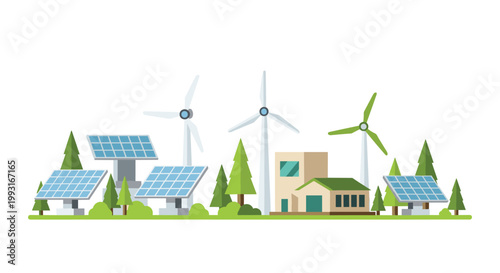 Vibrant flat vector illustration of a sustainable energy farm featuring wind turbines and solar panels nestled among lush green trees under bright light.