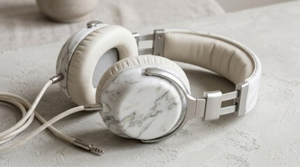 White marble-textured headphones with soft padding, luxury audio accessory concept, elegant product presentation on neutral background, realistic detail, no logos