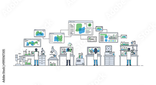 A detailed flat line art illustration of a modern scientific laboratory shows researchers conducting experiments with microscopes and digital data screens.