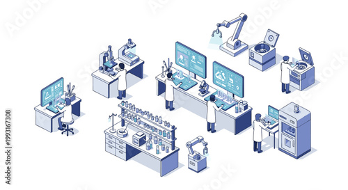 A sophisticated isometric laboratory environment showcases advanced medical research equipment including robotic arms and high-speed centrifuge machines.