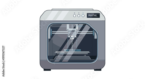 A modern desktop 3D printer with a grey casing and glass window is shown in the process of printing a complex object as indicated on its digital screen.