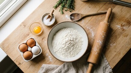 Top-down baking ingredients with flour, eggs, salt, egg yolk and rolling pin, cozy kitchen preparation concept, clean composition, soft natural light, realistic detail, no logos
