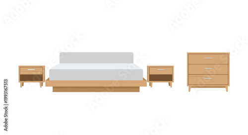 A complete light wood bedroom furniture set including a platform bed, two matching nightstands, and a three-drawer dresser is shown on a white background.