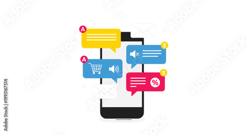 A sleek black smartphone is surrounded by colorful notification bubbles for shopping carts, audio alerts, emails, and special discount percentage offers.