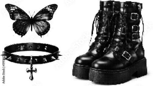 Halftone retro grunge vector of butterfly, boots, and choker with dotted punk style