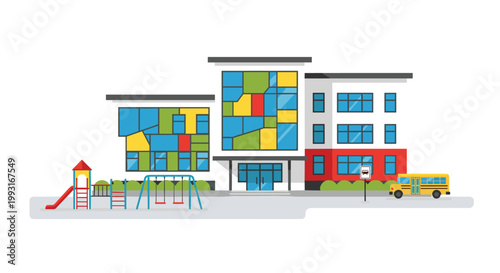 A vibrant modern school building with colorful geometric windows stands next to a playground and a yellow school bus under bright clear daylight.