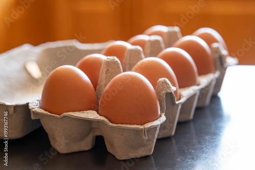 Close up of fresh locally sourced bio farm organic brown chicken eggs in an open cardboard carton on a dark surface