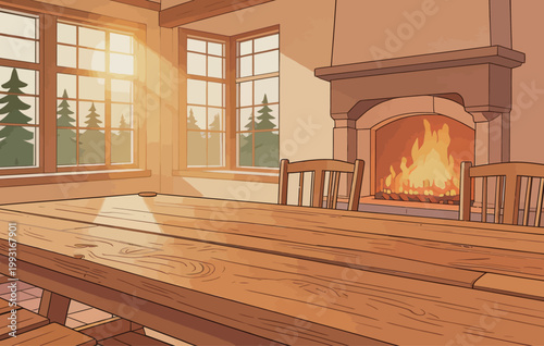 Sunlit Wooden Dining Room with Fireplace