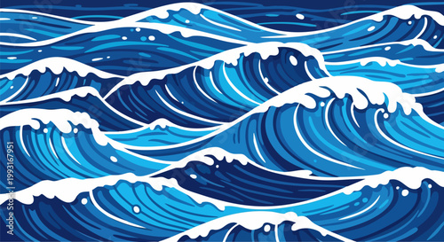 Japanese style ocean waves vector illustration, blue sea water background with white foam, traditional oriental wave pattern for textile and wallpaper