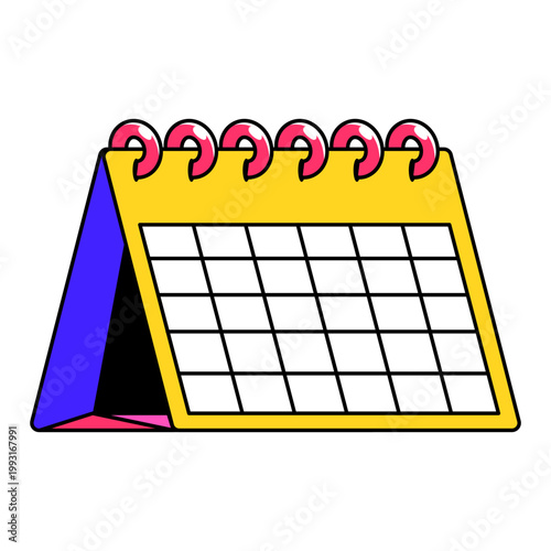 Colorful Illustrated Calendar Standing on Desk with Grid Layout and Spiral Binding for Planning and Organization