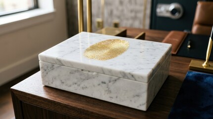 Golden fingerprint shimmering on white marble box, luxury identity and biometric security concept with elegant premium styling, refined realistic detail, no logos
