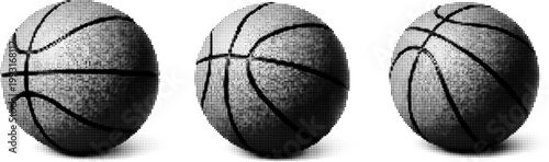 Halftone vector dotted grunge retro basketball trio in trendy monochrome style