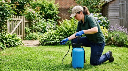 Person in gloves operating blue sprayer while kneeling on grass, gardening or pest control preparation, outdoor maintenance, focused work scene, natural light, realistic detail, no logos