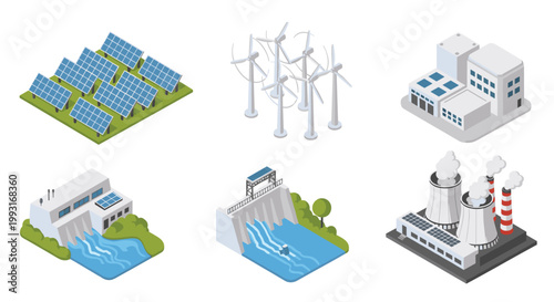 A diverse collection of isometric renewable energy icons includes solar panel arrays, wind turbines, hydroelectric dams, and modern industrial power plant facilities.